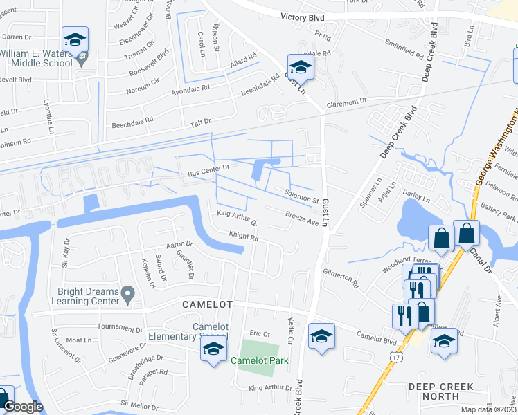 map of restaurants, bars, coffee shops, grocery stores, and more near 2856 Breeze Avenue in Chesapeake