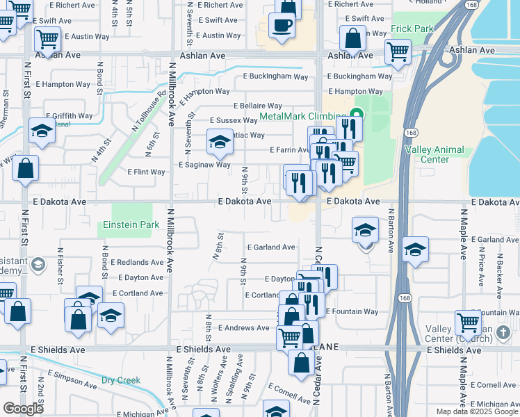 map of restaurants, bars, coffee shops, grocery stores, and more near 3945 East Robinson Avenue in Fresno