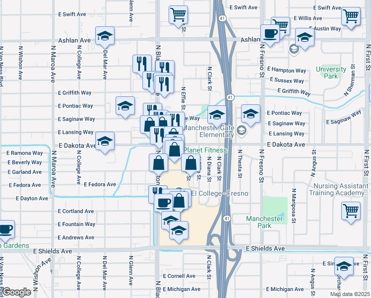 map of restaurants, bars, coffee shops, grocery stores, and more near 3787 North Abby Street in Fresno