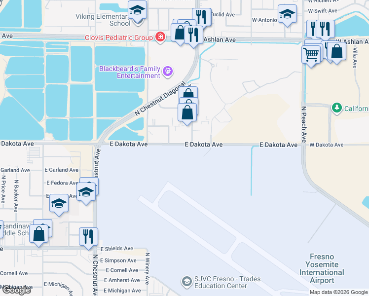 map of restaurants, bars, coffee shops, grocery stores, and more near 4948-4974 East Dakota Avenue in Fresno