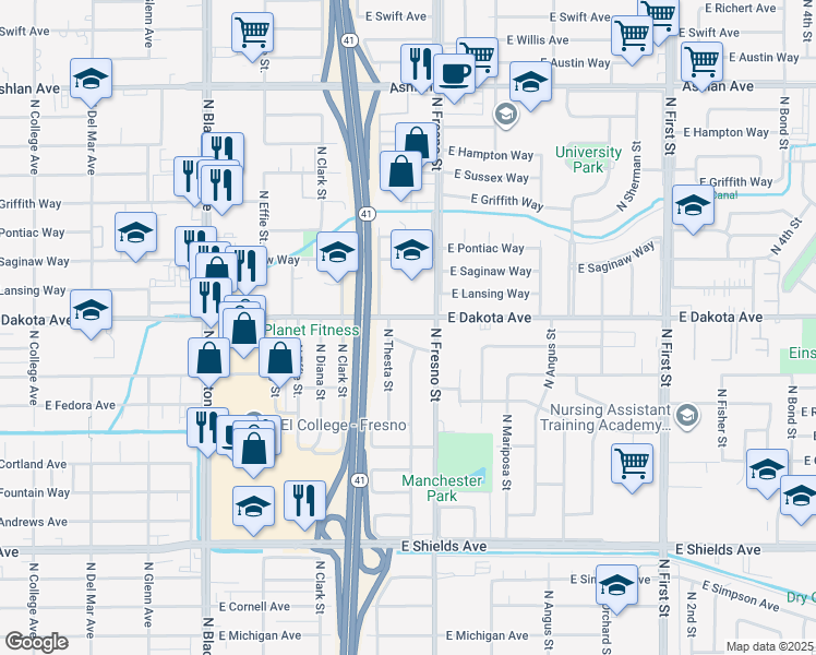 map of restaurants, bars, coffee shops, grocery stores, and more near 2343 East Robinson Avenue in Fresno
