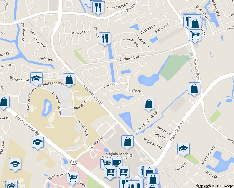 map of restaurants, bars, coffee shops, grocery stores, and more near 1605 Gelding Court in Virginia Beach