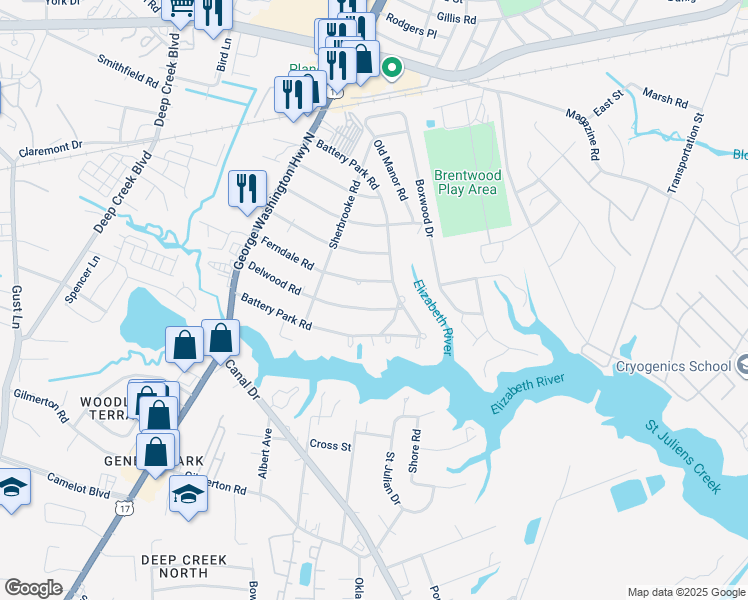 map of restaurants, bars, coffee shops, grocery stores, and more near 2200 Battery Park Road in Chesapeake
