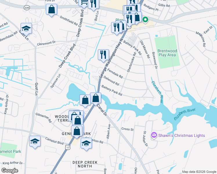 map of restaurants, bars, coffee shops, grocery stores, and more near 2325 Battery Park Road in Chesapeake
