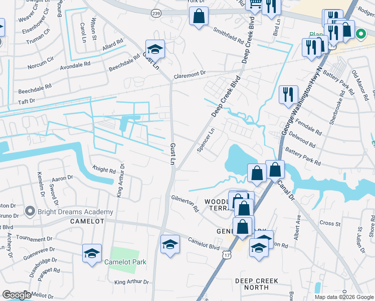 map of restaurants, bars, coffee shops, grocery stores, and more near 1320 Deep Creek Boulevard in Chesapeake
