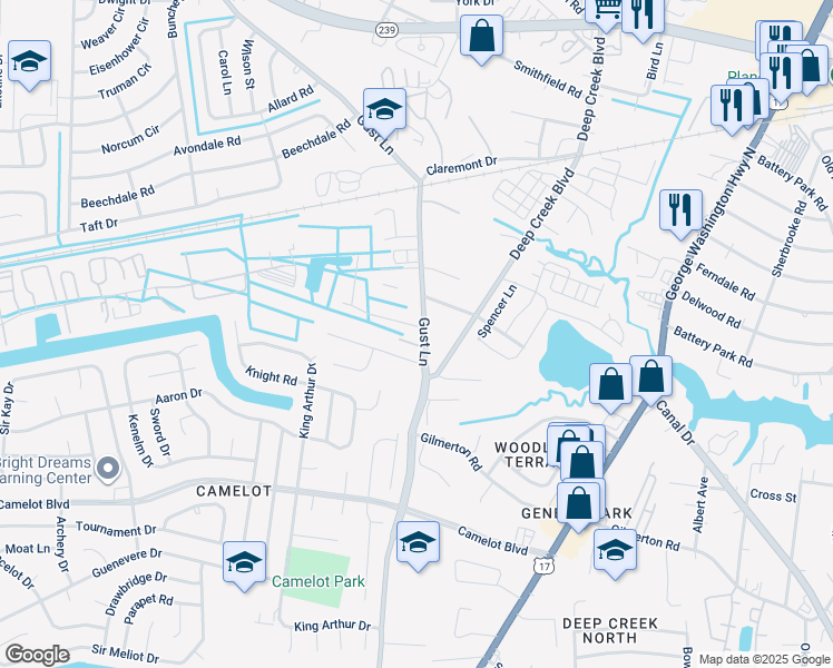 map of restaurants, bars, coffee shops, grocery stores, and more near 1324 Gust Lane in Chesapeake