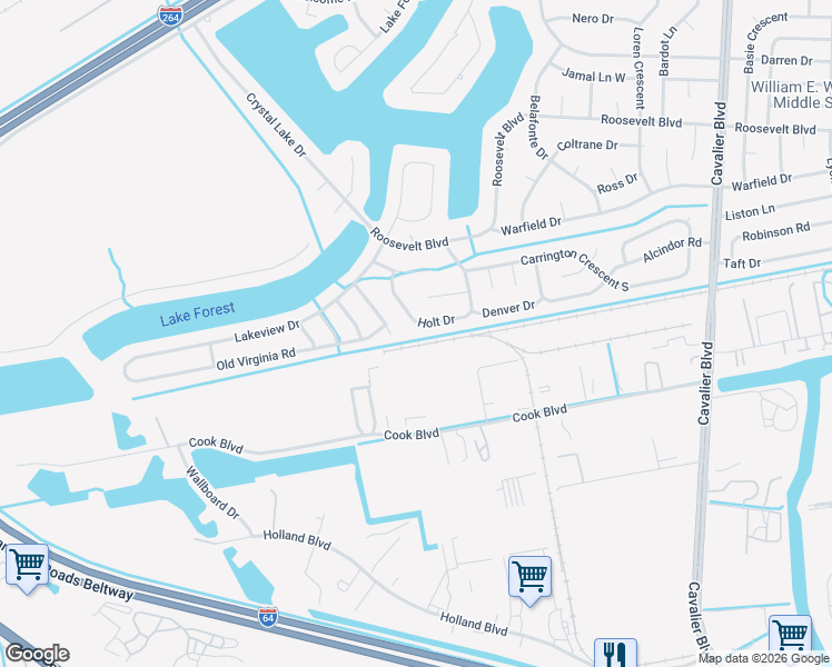 map of restaurants, bars, coffee shops, grocery stores, and more near 3812 Cook Boulevard in Chesapeake