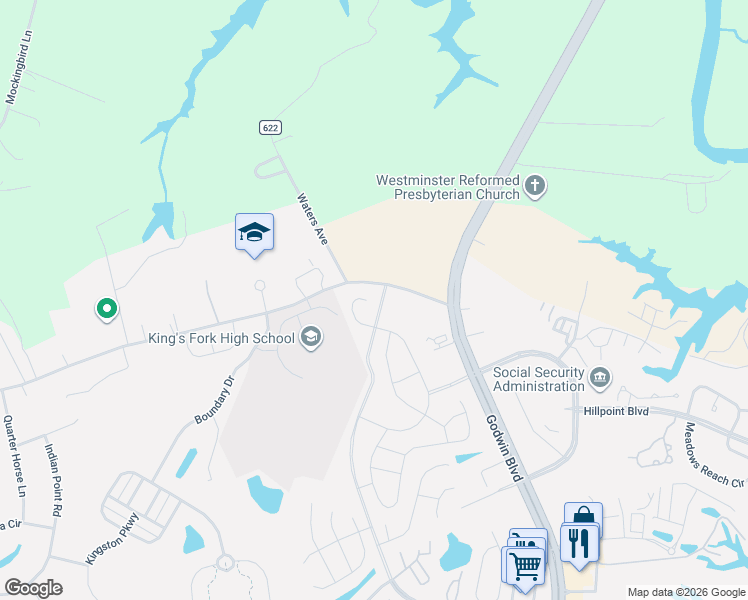 map of restaurants, bars, coffee shops, grocery stores, and more near 269-279 Kings Fork Road in Suffolk
