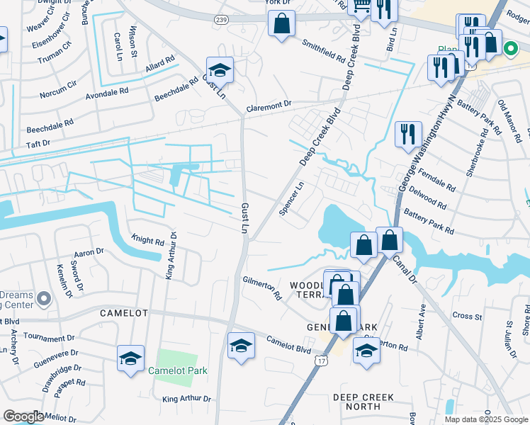 map of restaurants, bars, coffee shops, grocery stores, and more near 1320 Deep Creek Boulevard in Chesapeake