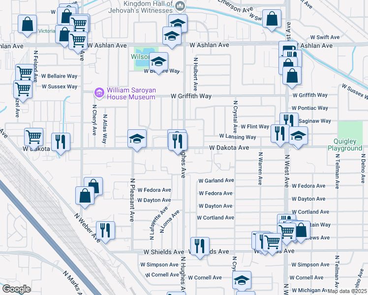 map of restaurants, bars, coffee shops, grocery stores, and more near W Dakota Ave & N Hughes Ave in Fresno