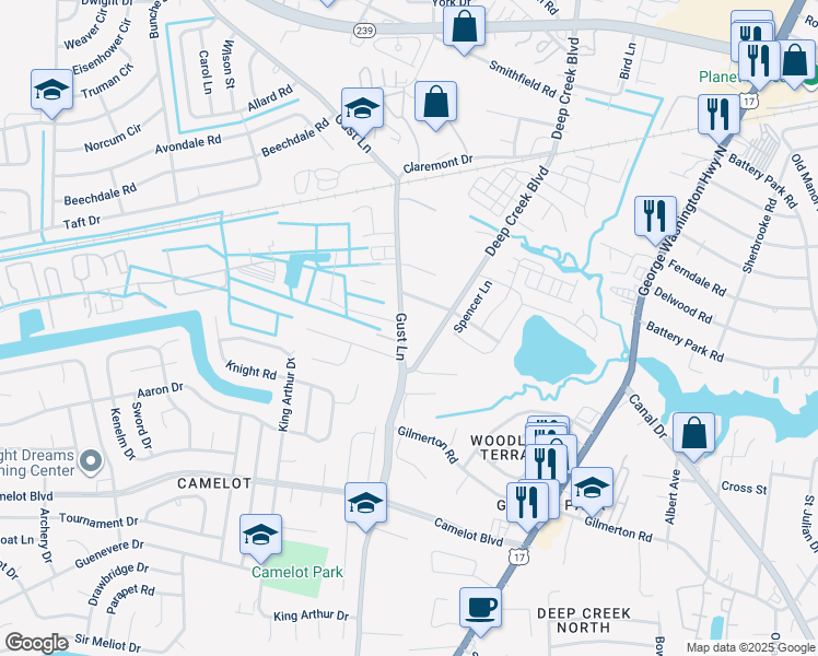 map of restaurants, bars, coffee shops, grocery stores, and more near 1327 Gust Lane in Chesapeake