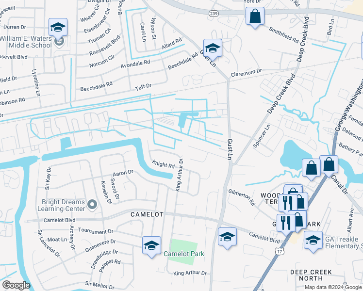 map of restaurants, bars, coffee shops, grocery stores, and more near 2856 Breeze Avenue in Chesapeake