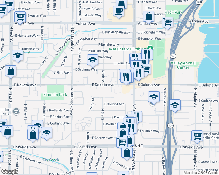 map of restaurants, bars, coffee shops, grocery stores, and more near 4002 East Dakota Avenue in Fresno