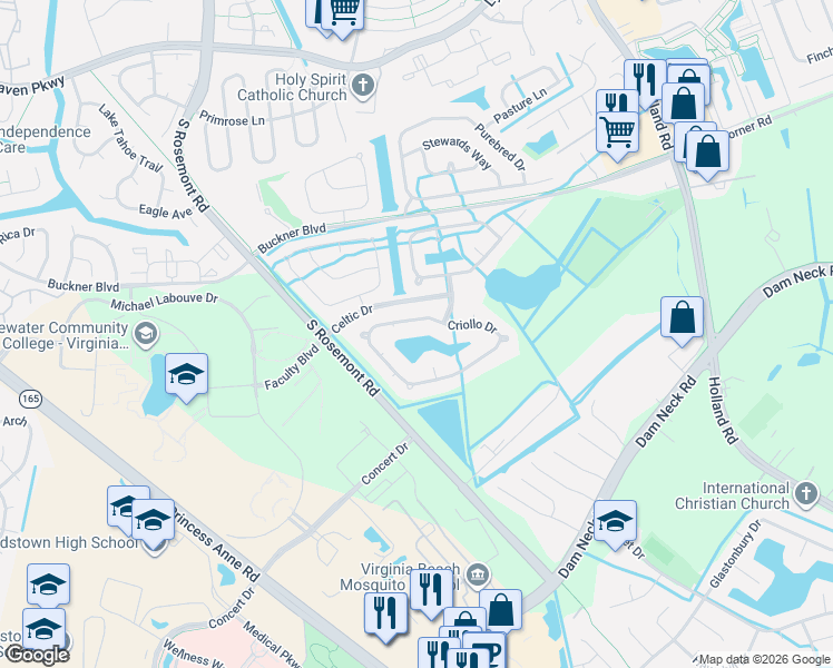 map of restaurants, bars, coffee shops, grocery stores, and more near 1605 Gelding Court in Virginia Beach