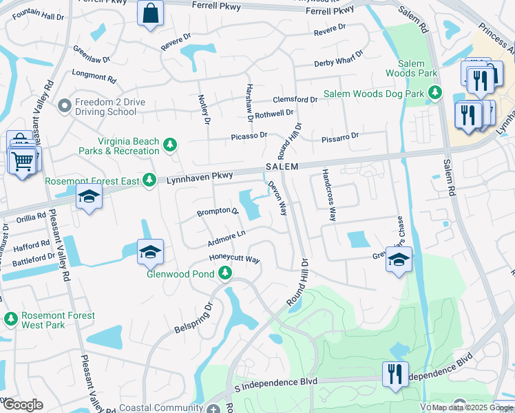 map of restaurants, bars, coffee shops, grocery stores, and more near 4624 Ardmore Lane in Virginia Beach