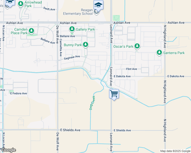 map of restaurants, bars, coffee shops, grocery stores, and more near 3680 Lansing Avenue in Clovis