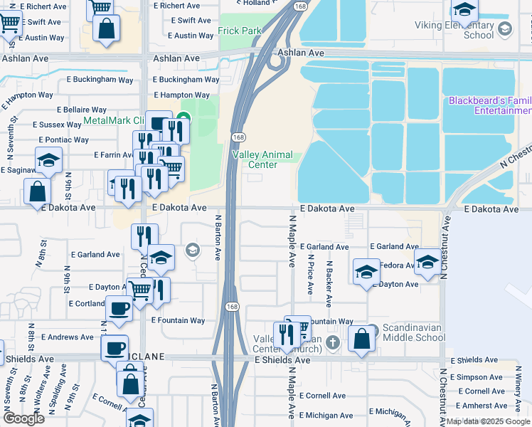 map of restaurants, bars, coffee shops, grocery stores, and more near 4577 East Robinson Avenue in Fresno