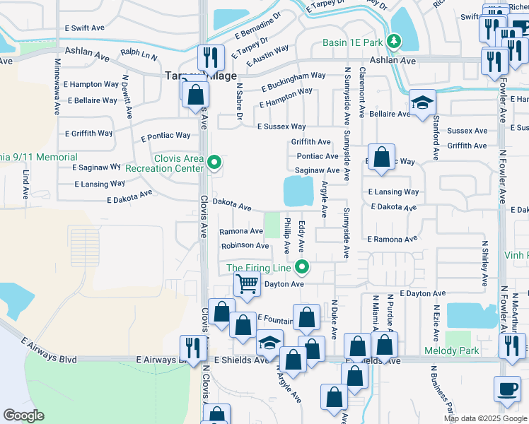 map of restaurants, bars, coffee shops, grocery stores, and more near Dakota Ave & Baron Ave in Clovis