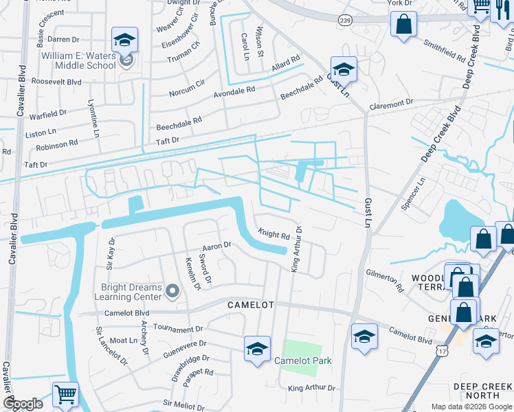 map of restaurants, bars, coffee shops, grocery stores, and more near 1352 King Arthur Drive in Chesapeake