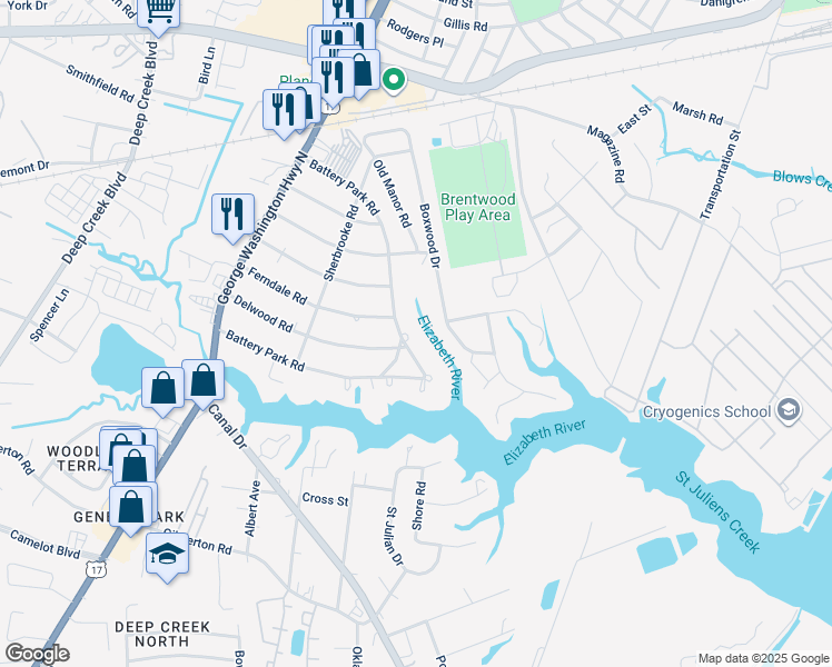 map of restaurants, bars, coffee shops, grocery stores, and more near 2137 Battery Park Road in Chesapeake