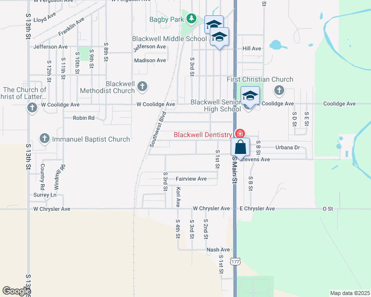 map of restaurants, bars, coffee shops, grocery stores, and more near 304 Vinnedge Avenue in Blackwell