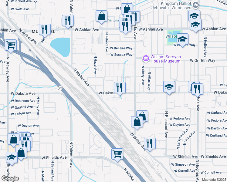 map of restaurants, bars, coffee shops, grocery stores, and more near 3138 West Dakota Avenue in Fresno