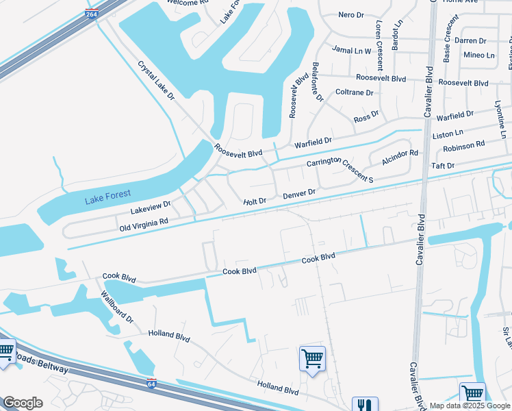 map of restaurants, bars, coffee shops, grocery stores, and more near 1417 Holt Drive in Portsmouth