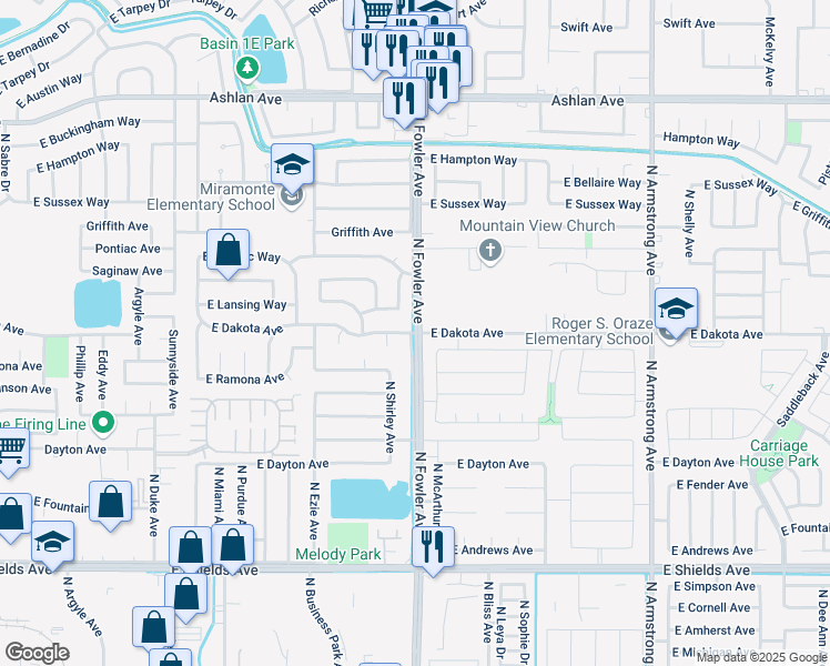 map of restaurants, bars, coffee shops, grocery stores, and more near 6000 East Dakota Avenue in Fresno