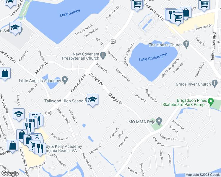 map of restaurants, bars, coffee shops, grocery stores, and more near 5556 Macguffie Street in Virginia Beach