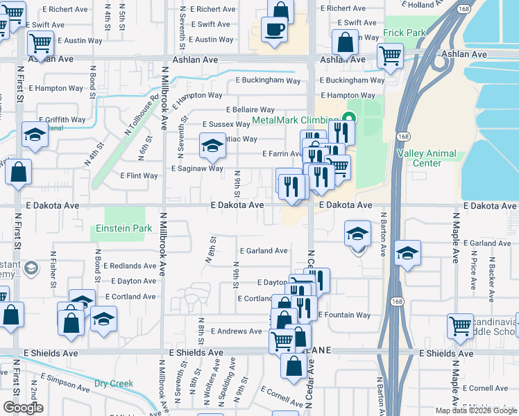 map of restaurants, bars, coffee shops, grocery stores, and more near 4040 East Dakota Avenue in Fresno