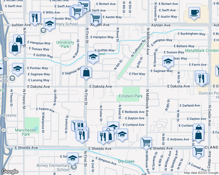 map of restaurants, bars, coffee shops, grocery stores, and more near 3340 East Dakota Avenue in Fresno