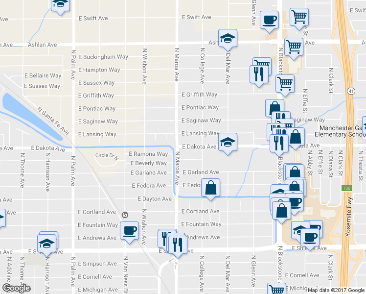 map of restaurants, bars, coffee shops, grocery stores, and more near 915 East Robinson Avenue in Fresno