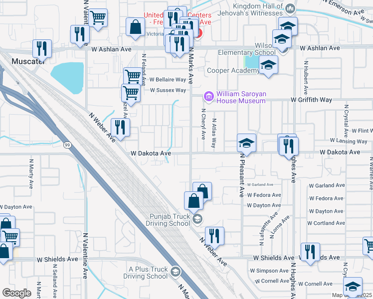 map of restaurants, bars, coffee shops, grocery stores, and more near in Fresno