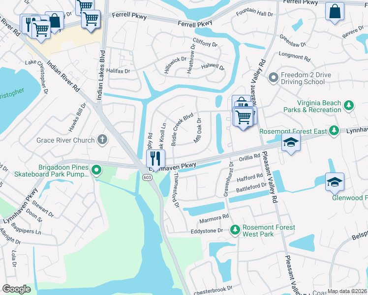 map of restaurants, bars, coffee shops, grocery stores, and more near 5114 Rugby Road in Virginia Beach