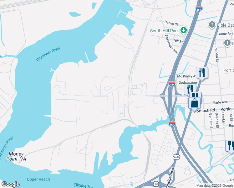 map of restaurants, bars, coffee shops, grocery stores, and more near 4007 Robertson Boulevard in Chesapeake