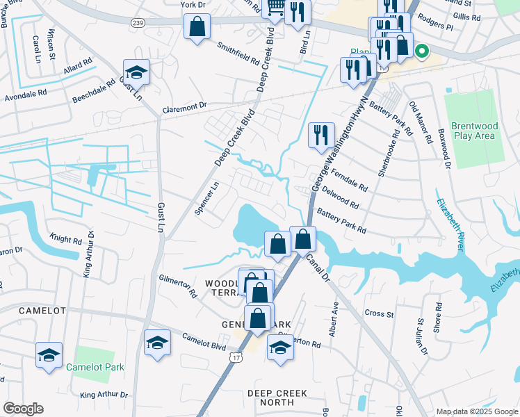 map of restaurants, bars, coffee shops, grocery stores, and more near 1401 Deep Creek Boulevard in Chesapeake