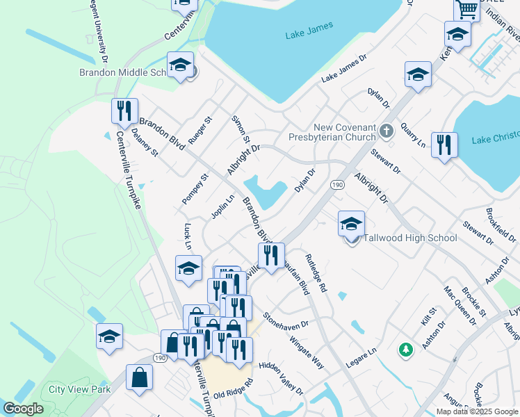 map of restaurants, bars, coffee shops, grocery stores, and more near 5626 Brandon Boulevard in Virginia Beach