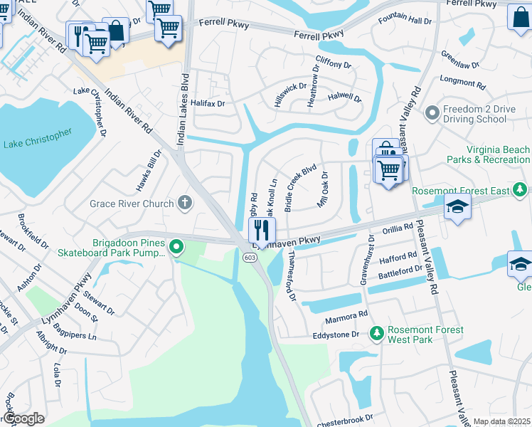 map of restaurants, bars, coffee shops, grocery stores, and more near 1539 Oak Knoll Lane in Virginia Beach