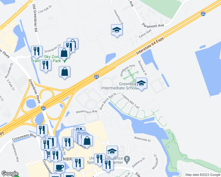 map of restaurants, bars, coffee shops, grocery stores, and more near 1717 Birch Trail Circle in Chesapeake