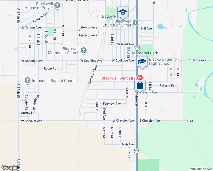 map of restaurants, bars, coffee shops, grocery stores, and more near 304 Vinnedge Avenue in Blackwell