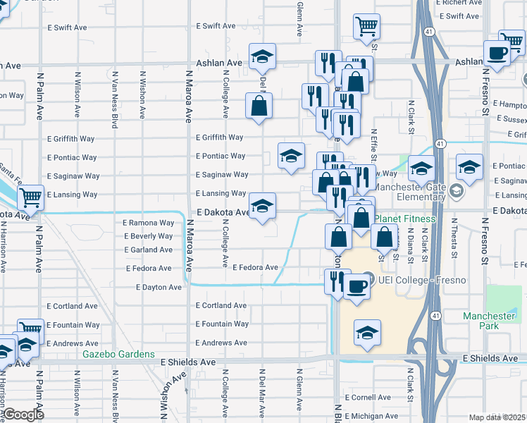map of restaurants, bars, coffee shops, grocery stores, and more near 1302 East Dakota Avenue in Fresno
