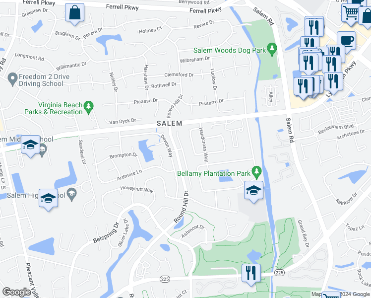 map of restaurants, bars, coffee shops, grocery stores, and more near 1632 Castlefield Road in Virginia Beach