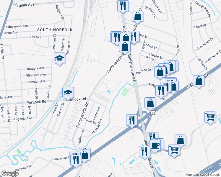 map of restaurants, bars, coffee shops, grocery stores, and more near 3000 Waverton Parkway in Chesapeake