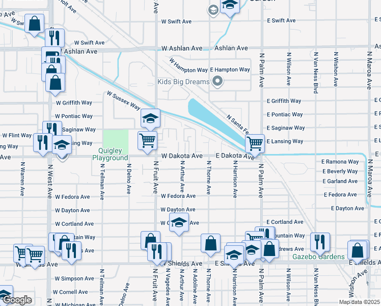 map of restaurants, bars, coffee shops, grocery stores, and more near 150 West Dakota Avenue in Fresno