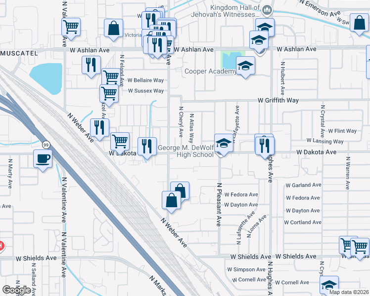 map of restaurants, bars, coffee shops, grocery stores, and more near 3857 North Atlas Way in Fresno