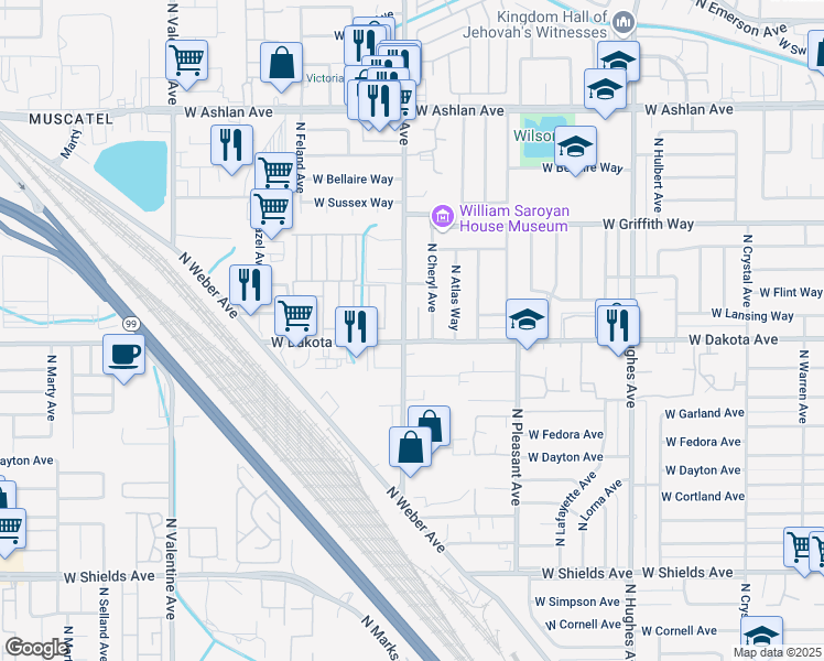 map of restaurants, bars, coffee shops, grocery stores, and more near 3456 North Marks Avenue in Fresno
