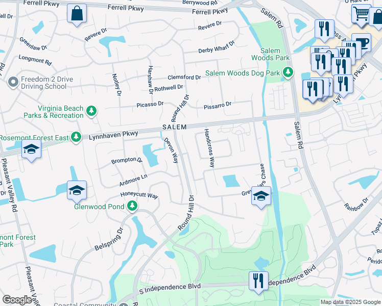 map of restaurants, bars, coffee shops, grocery stores, and more near 1632 Castlefield Road in Virginia Beach