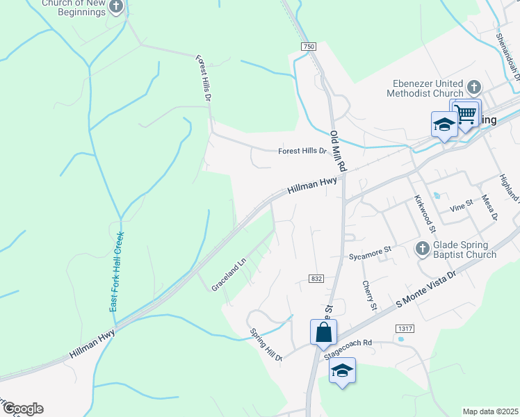 map of restaurants, bars, coffee shops, grocery stores, and more near Hillman Highway in Glade Spring