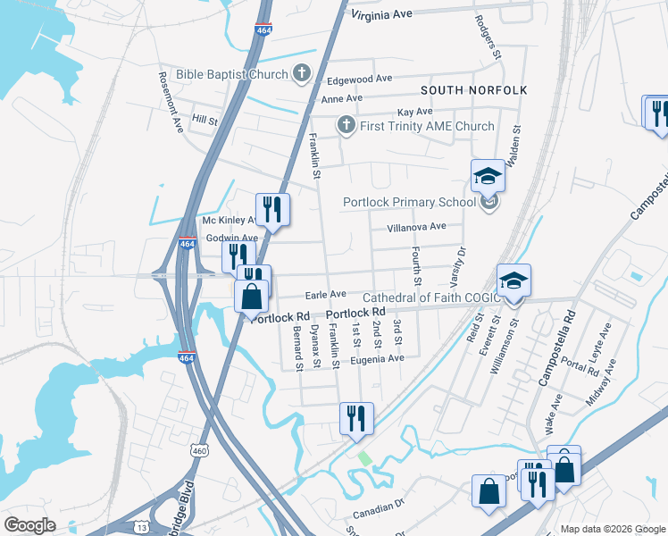 map of restaurants, bars, coffee shops, grocery stores, and more near 1301 Freeman Avenue in Chesapeake