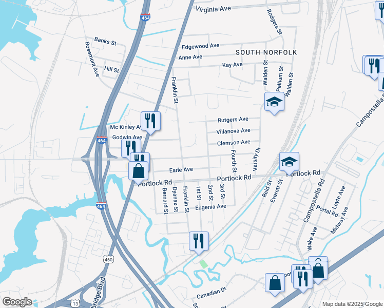 map of restaurants, bars, coffee shops, grocery stores, and more near 1303 Freeman Avenue in Chesapeake